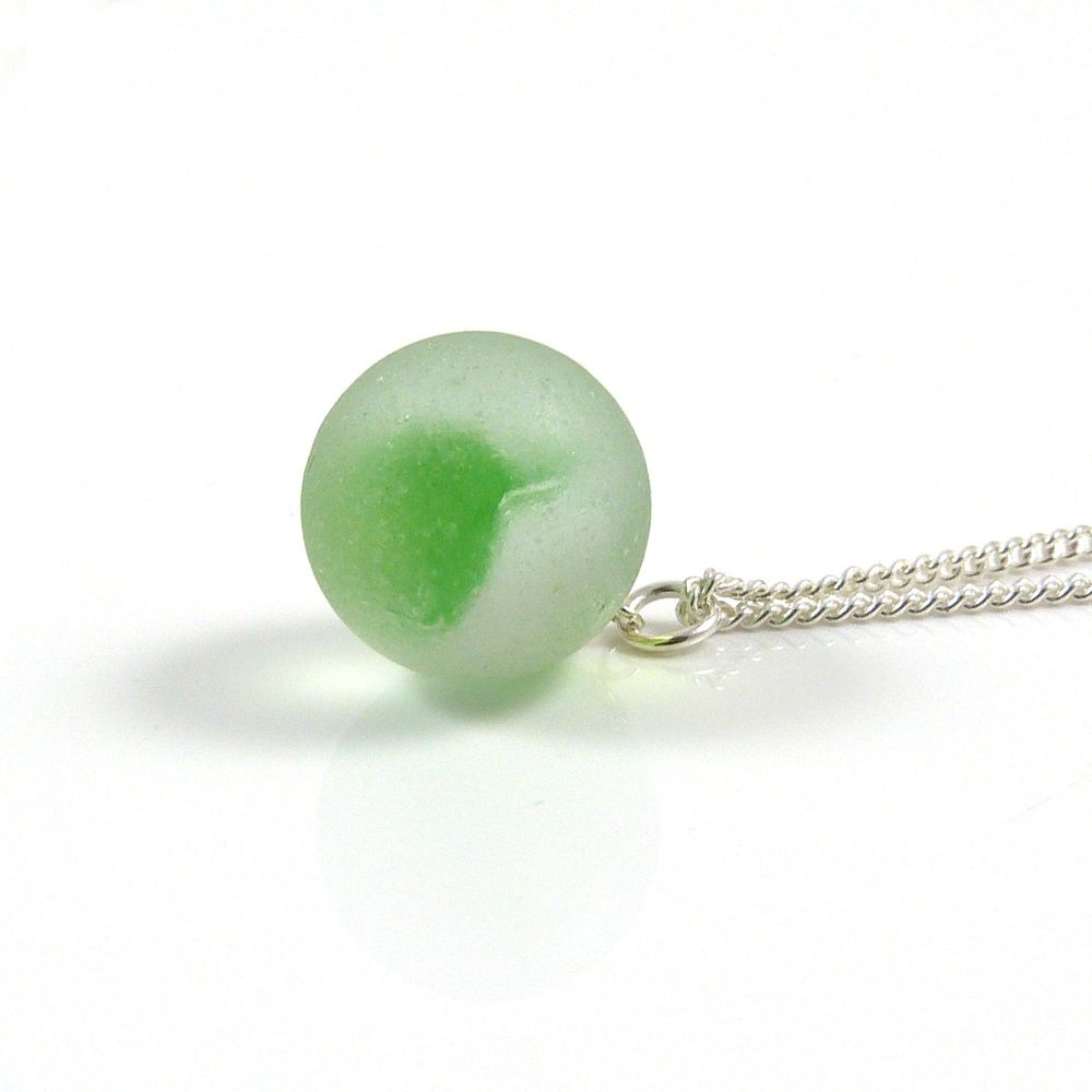 Two Tone Green Sea Glass Marble and Silver Necklace
