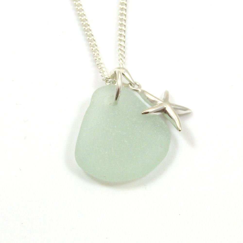 Seafoam Sea Glass and Sterling Silver Starfish Necklace