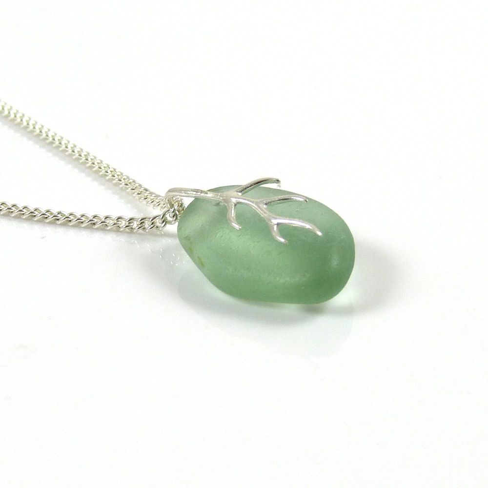 Light Teal Grey Sea Glass And Silver Tendril Pendant Necklace - MAURA