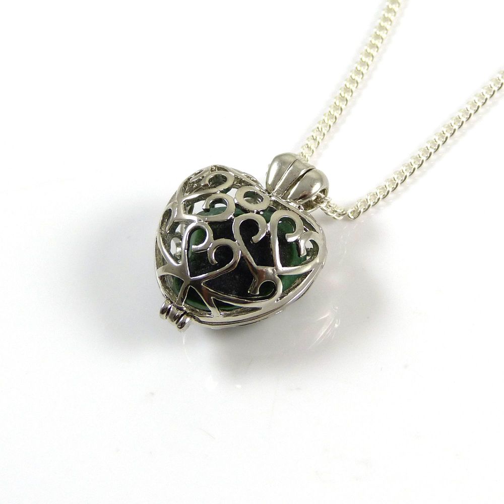 Sea Glass Necklace, Silver Heart Locket, Dark Green Sea Glass