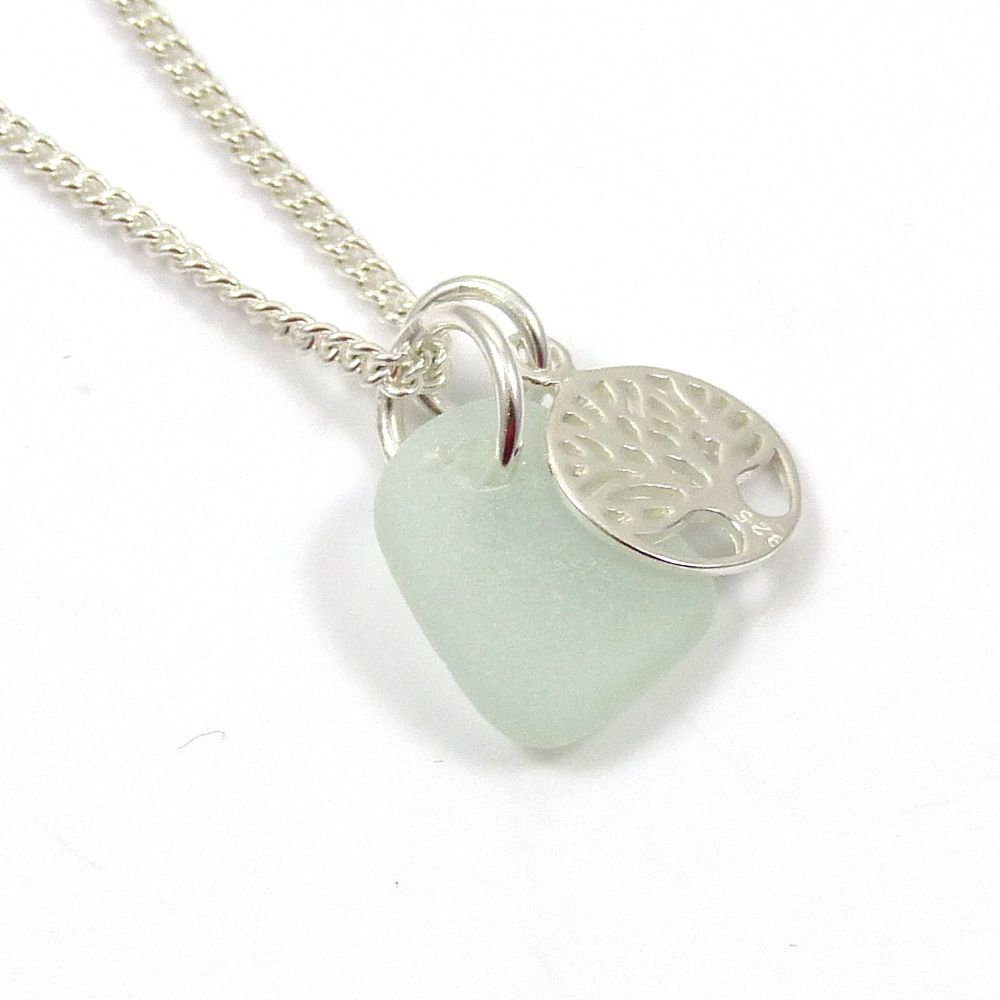 Seamist Sea Glass and Sterling Silver Tree of Life Charm Necklace c188