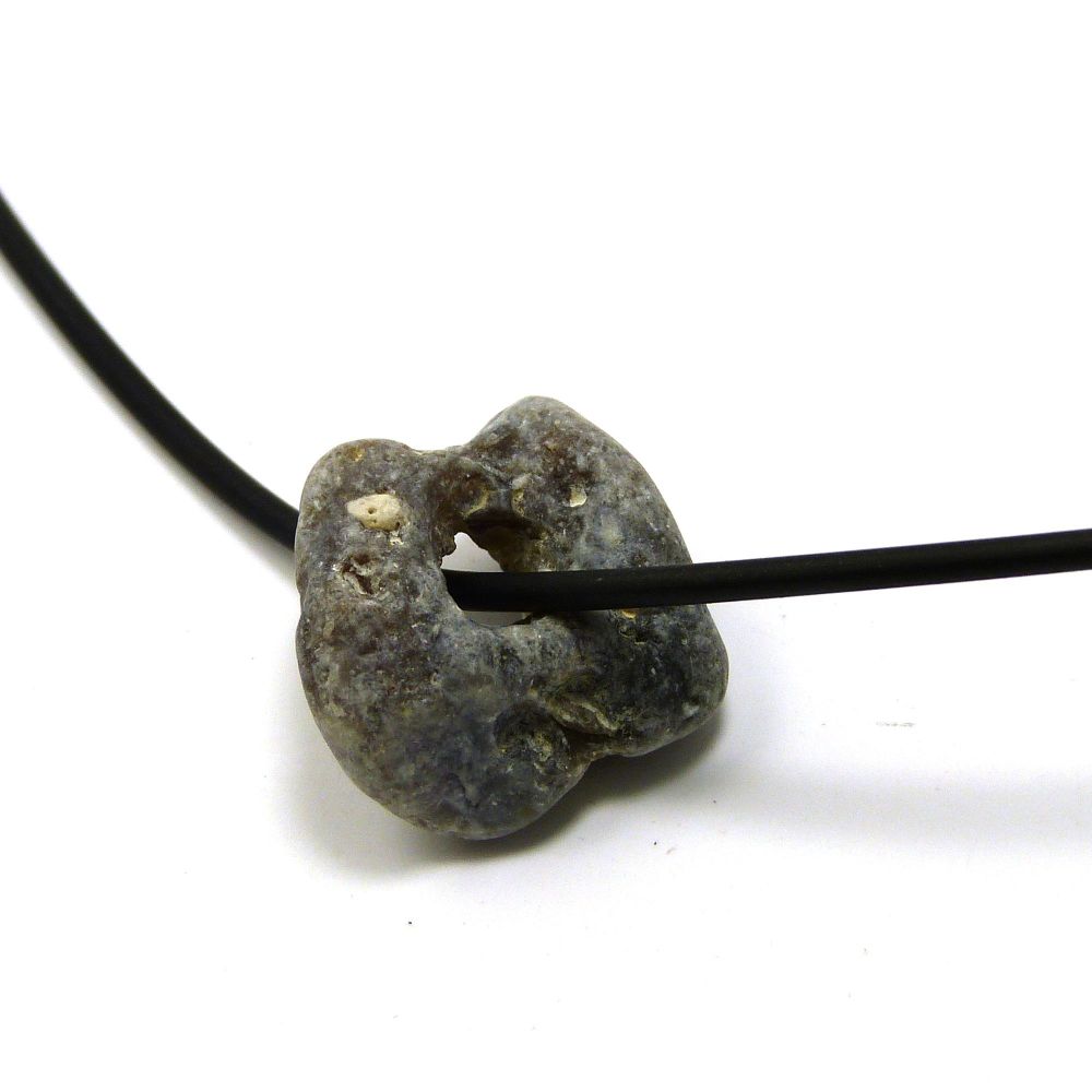 Grey Holey Stone on Rubber and Sterling Silver Necklet