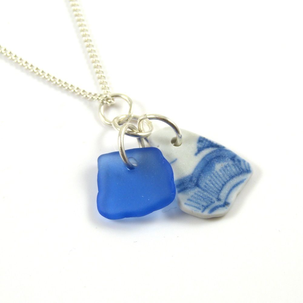 Sapphire Blue Sea Glass and Beach Pottery Necklace SUZY
