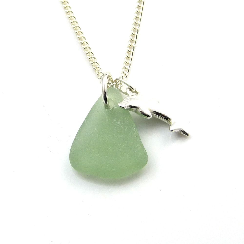Deep Seafoam Sea Glass and Sterling Silver Dolphin Charm Necklace 