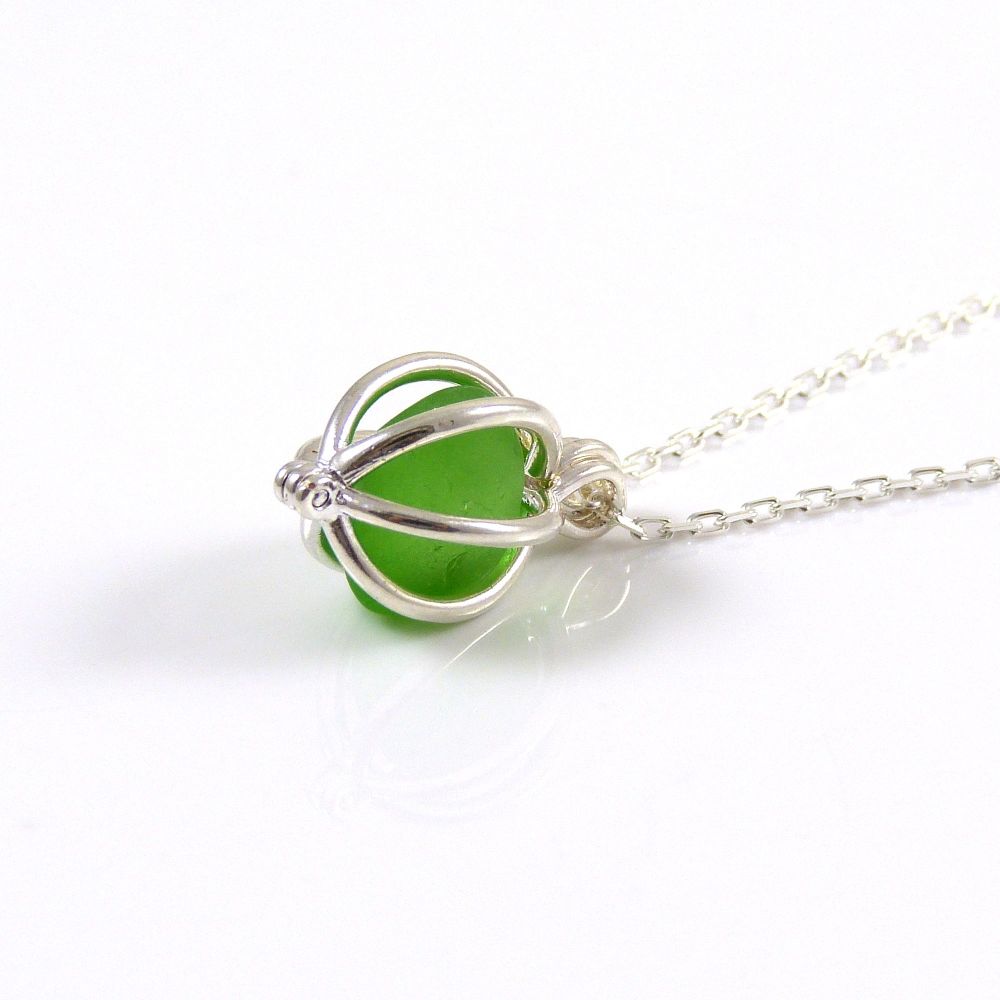 Round Locket and Emerald Green Sea Glass Necklace