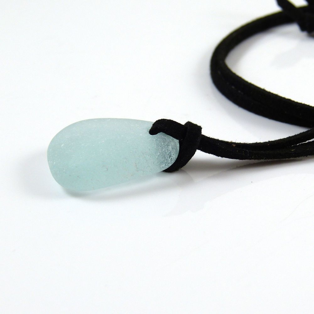 Sea Glass and Faux Suede Long Beach Necklace Pale Aquamarine Sea Glass