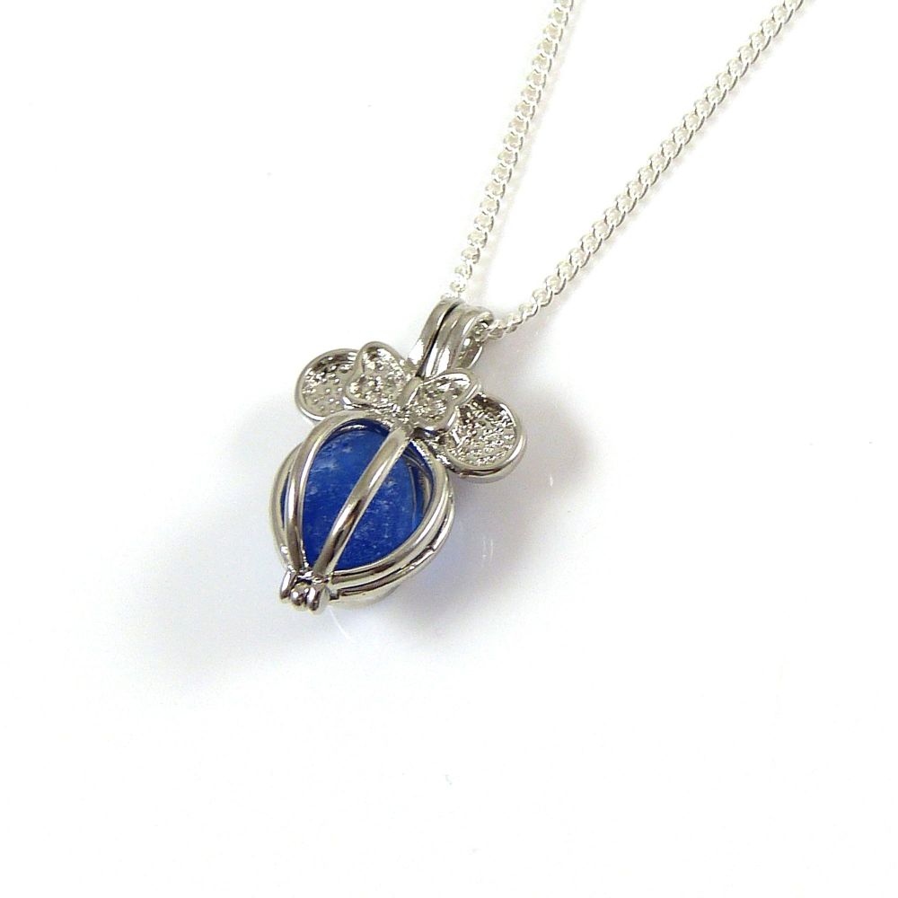 Sapphire Blue Sea Glass in Butterfly Locket Necklace