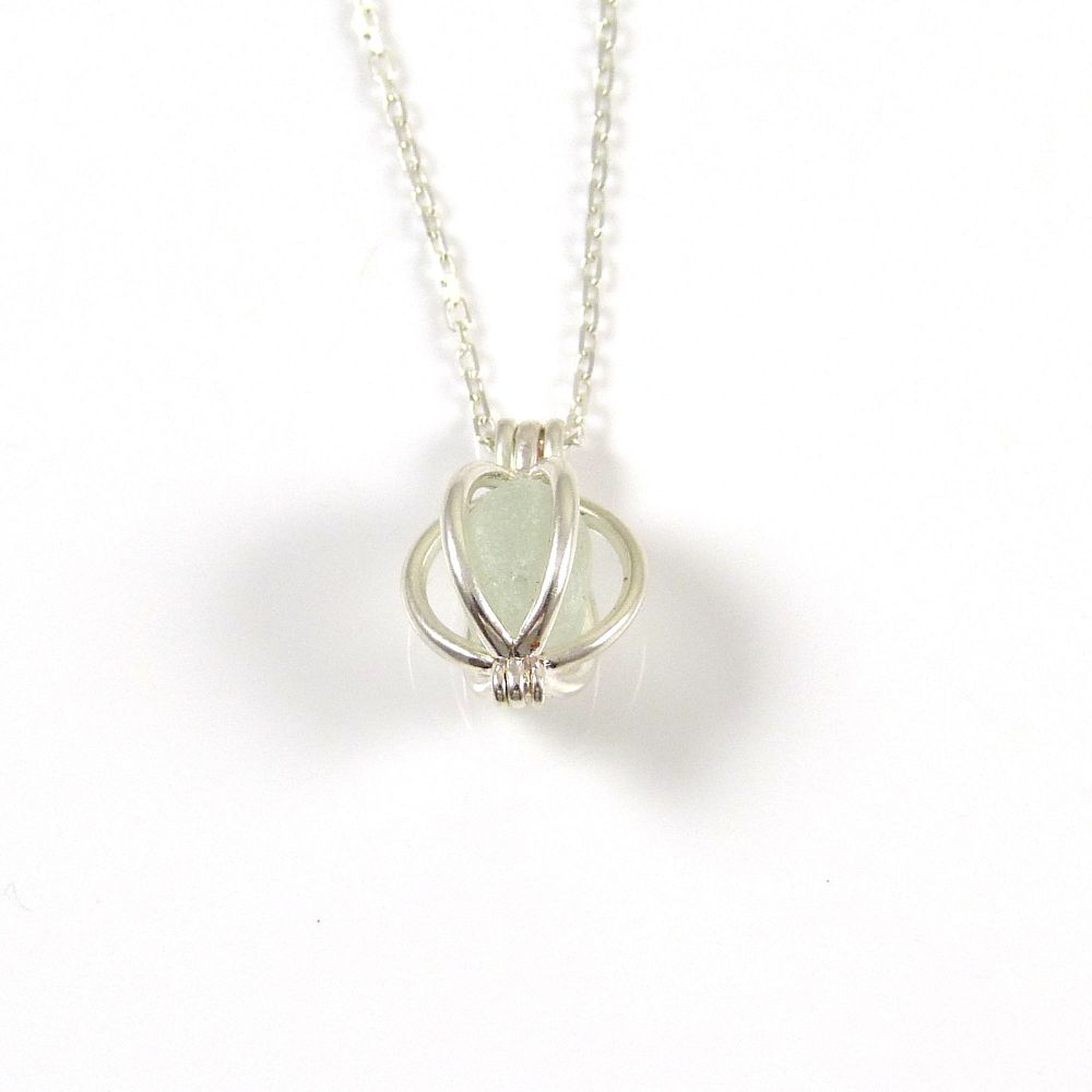 Tiny Round Locket and Seamist Sea Glass Necklace
