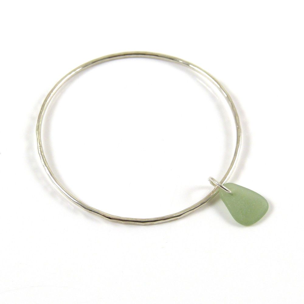 Sterling Silver Hammered Bangle and Light Teal Grey Sea Glass Charm 
