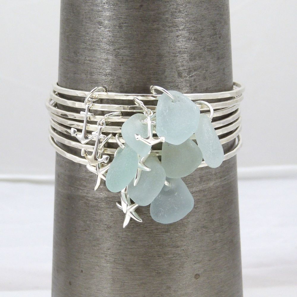 Sterling Silver Hammered Bangle with Sea Glass and Starfish Charm - Made To