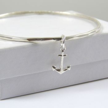 Sterling Silver Hammered Bangle with Anchor Charm 