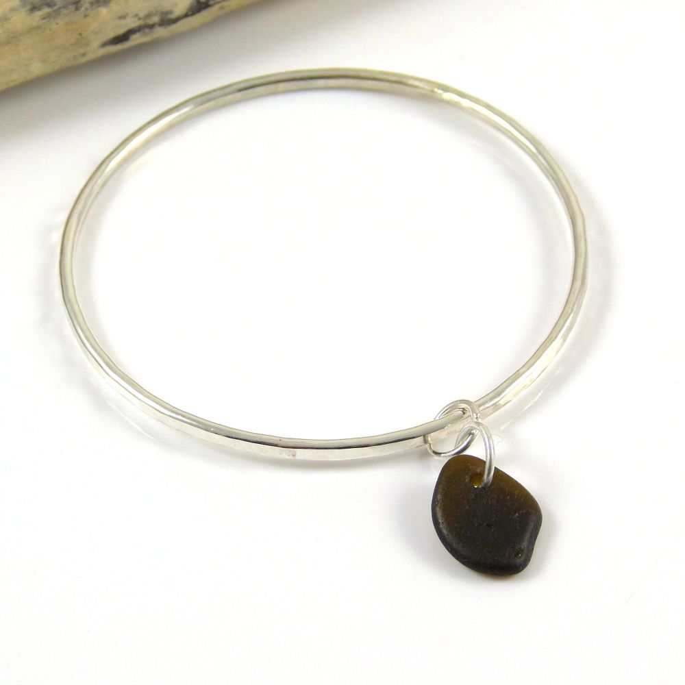 Sterling Silver Hammered Bangle and Dark Chocolate Sea Glass Charm Free Del