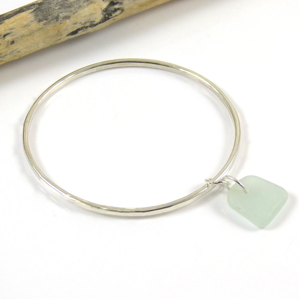 Sterling Silver Hammered Bangle and Seafoam Blue Sea Glass Charm FREE DELIV