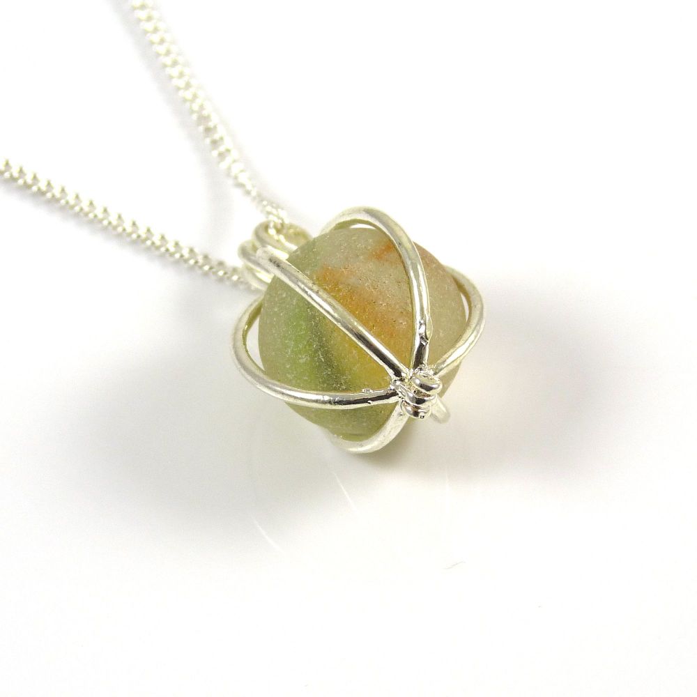 Citron and Sunflower Sea Glass Marble Locket Necklace
