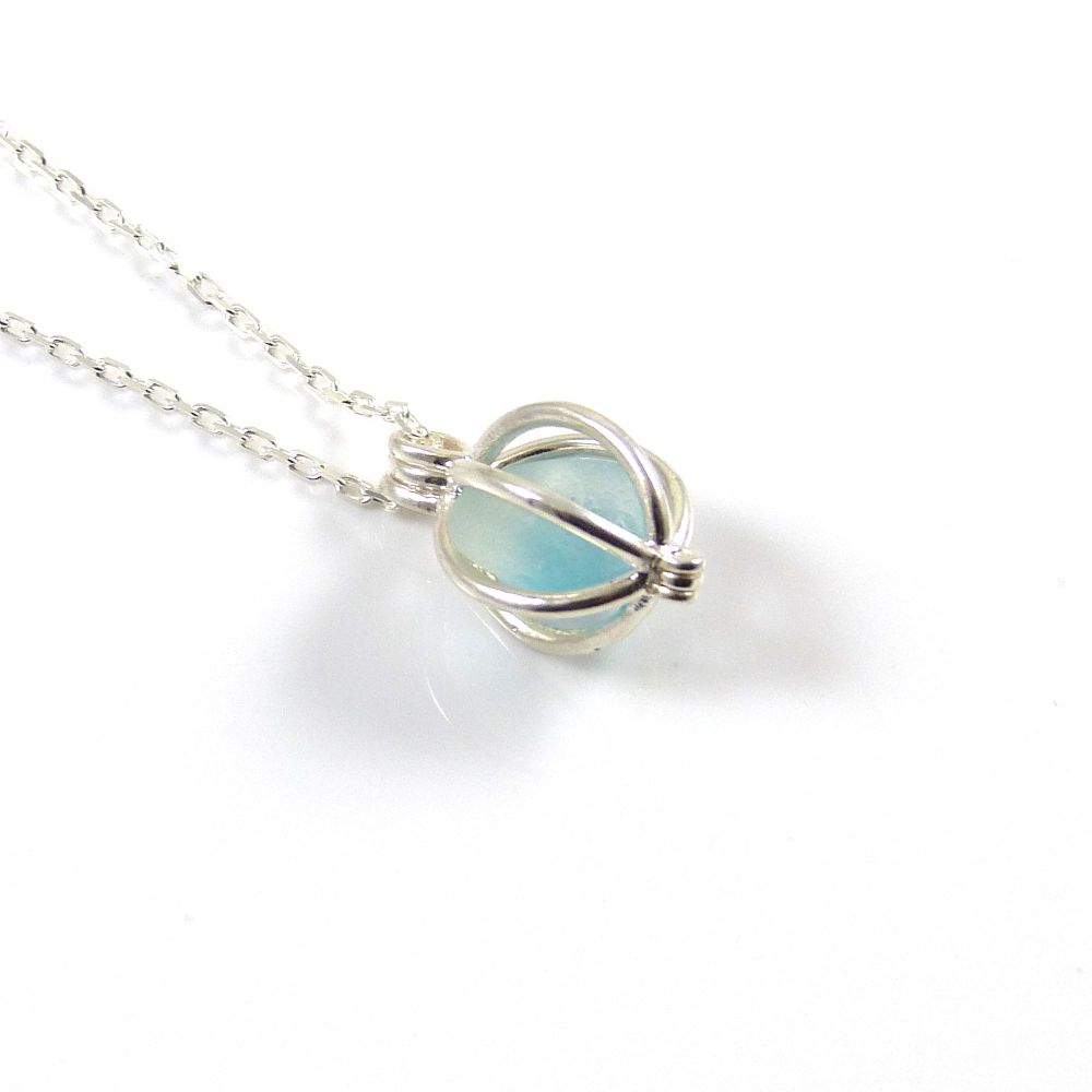 White and Turquoise Sea Glass in Tiny Round Locket Necklace