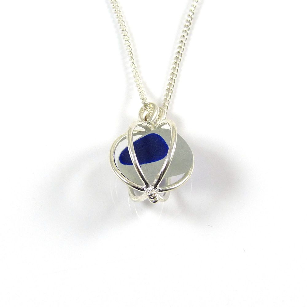 White and Sapphire Sea Glass in Round Locket Necklace