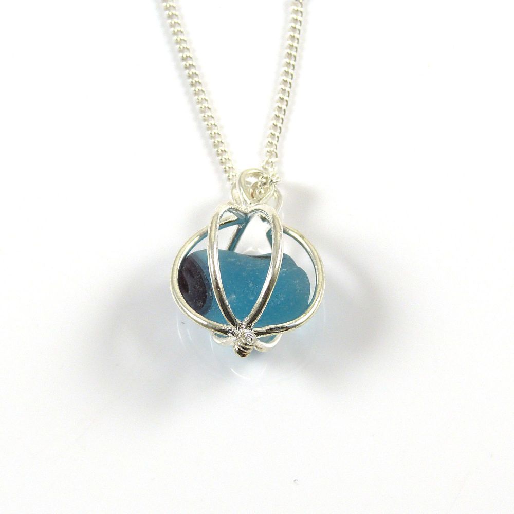 Turquoise and Sapphire Sea Glass End of Day Multi in Round Locket Necklace