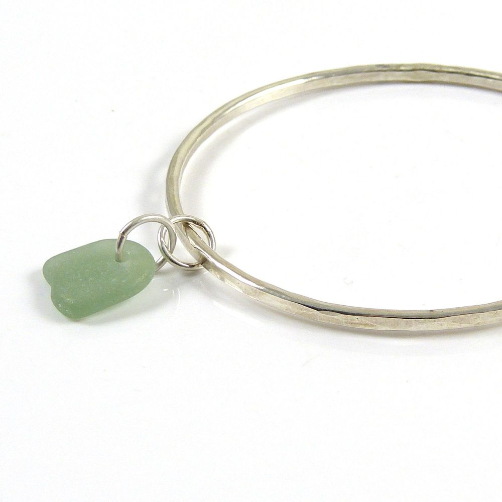 Sterling Silver Hammered Bangle and Sea Green Sea Glass Charm FREE DELIVERY
