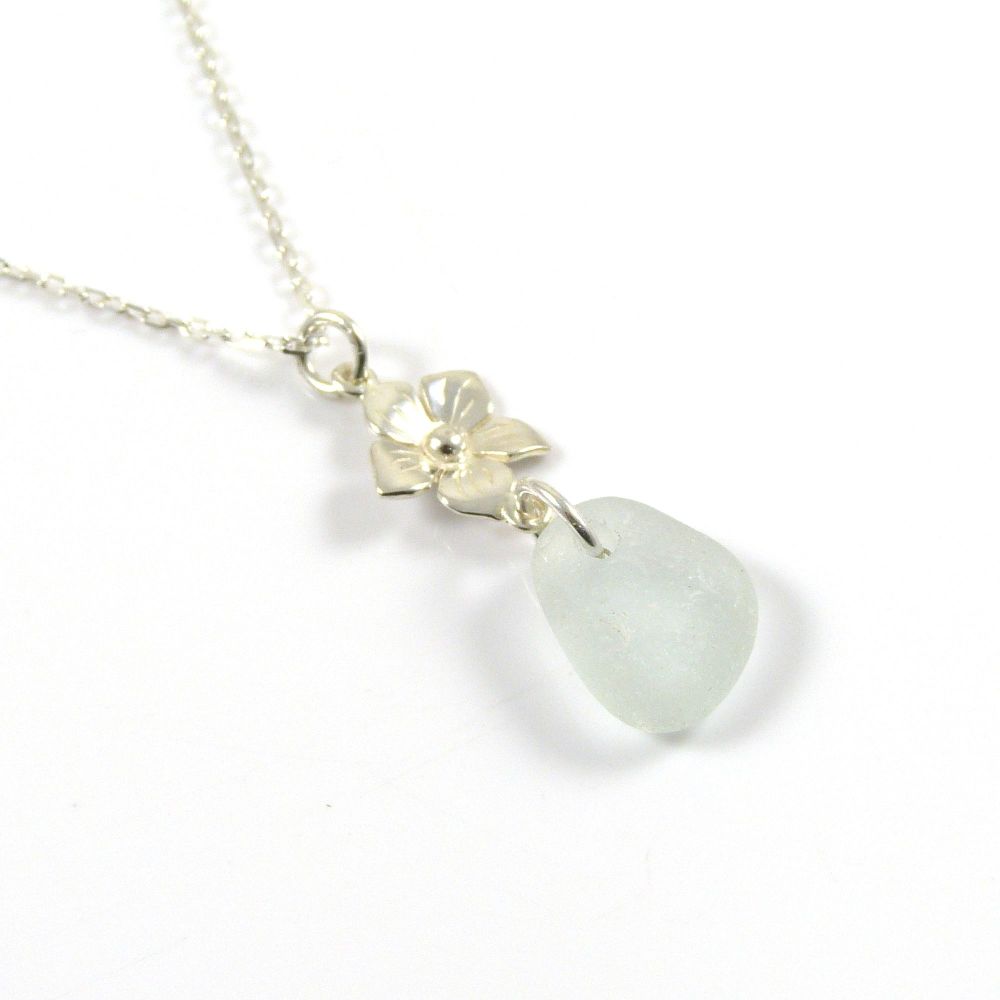 Seaspray Sea Glass and Sterling Silver Flower Drop Necklace 