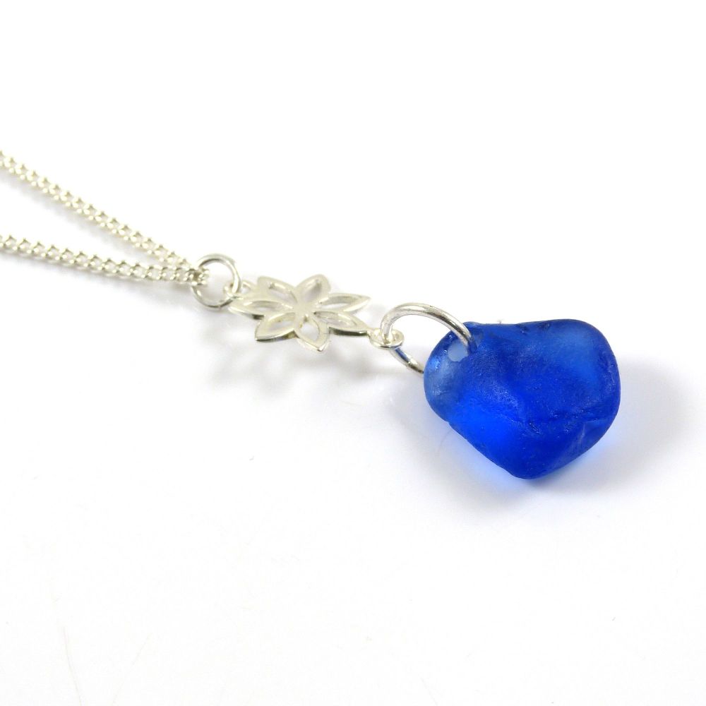 Cobalt Blue Sea Glass and Sterling Silver Flower Drop Necklace 