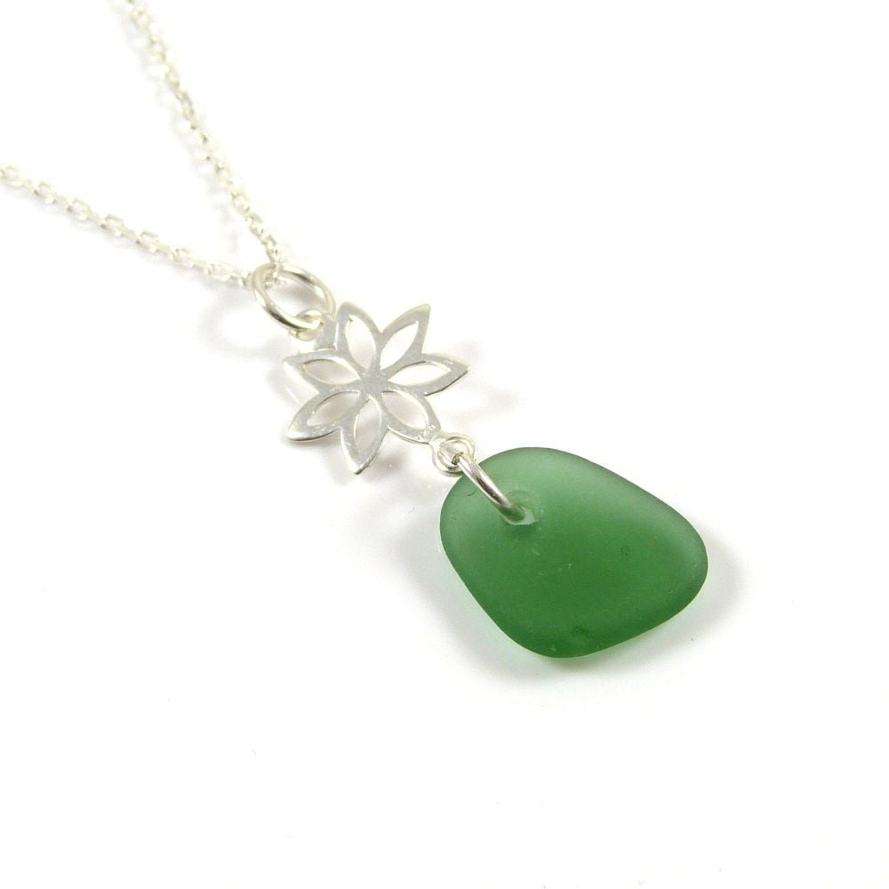 Grass Green Sea Glass and Sterling Silver Flower Drop Necklace 