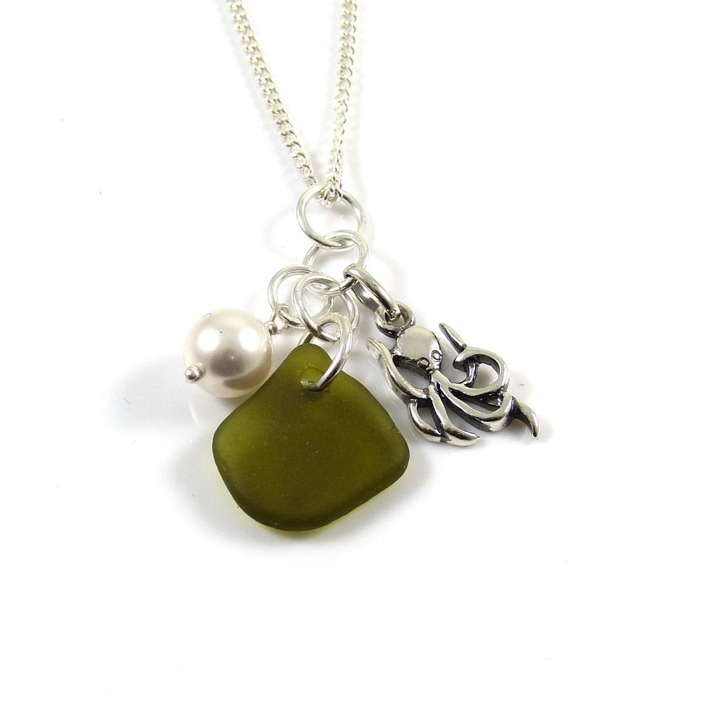 Olive Green Sea Glass, Sterling Silver Octopus and Swarovski Crystal Pearl 