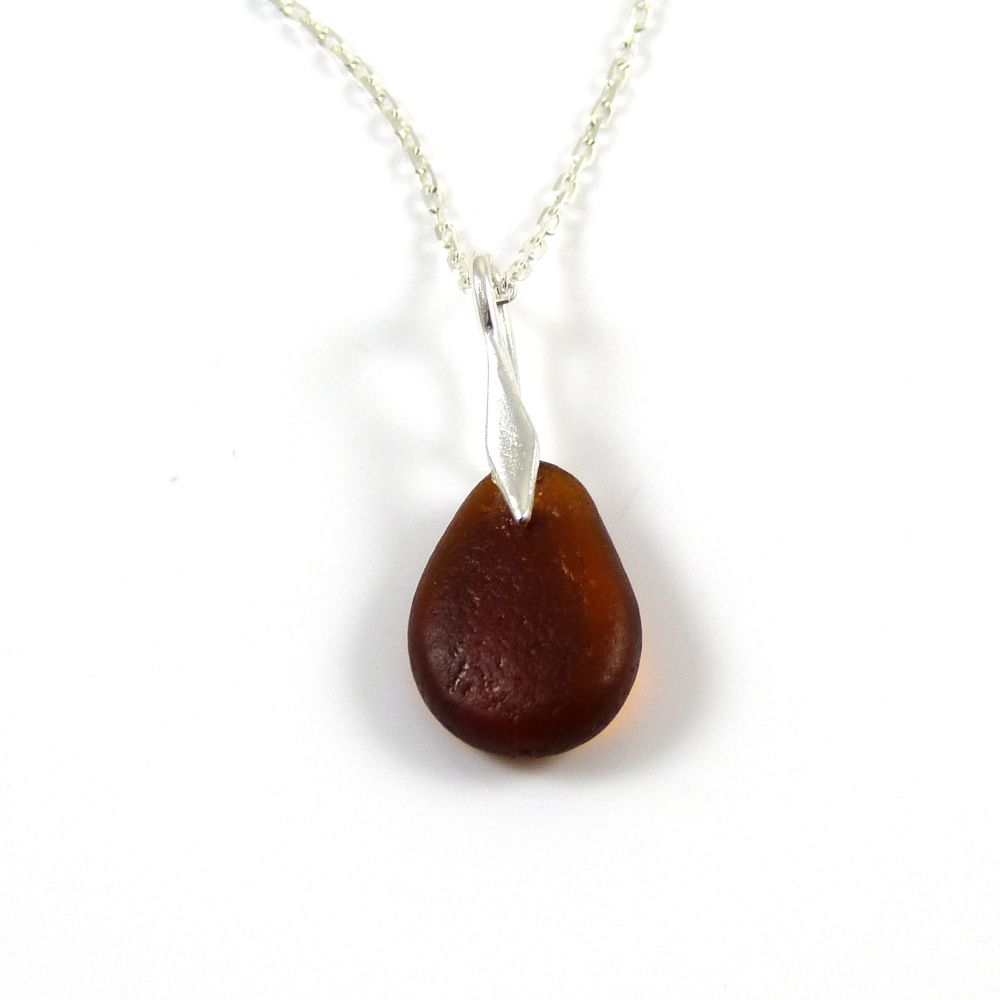 Dark Amber Sea Glass and Silver Necklace DANY
