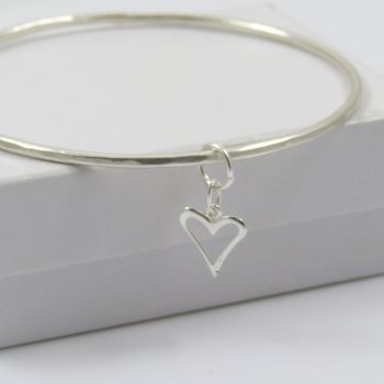 Sterling Silver Hammered Bangle with Heart Charm 
