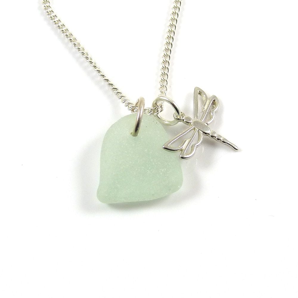 Seafoam Sea Glass, Sterling Silver Dragonfly Necklace