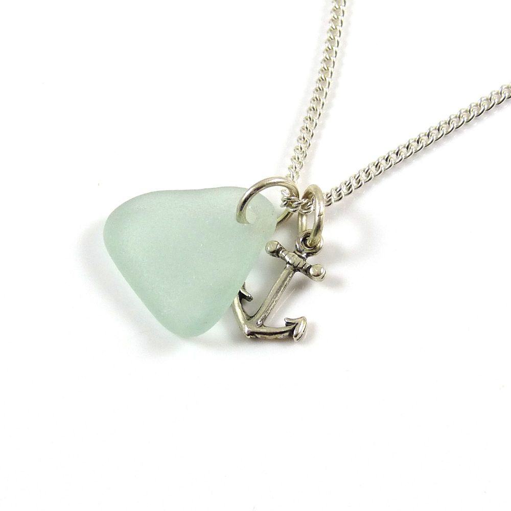 Seafoam Sea Glass and Silver Anchor Charm Necklace