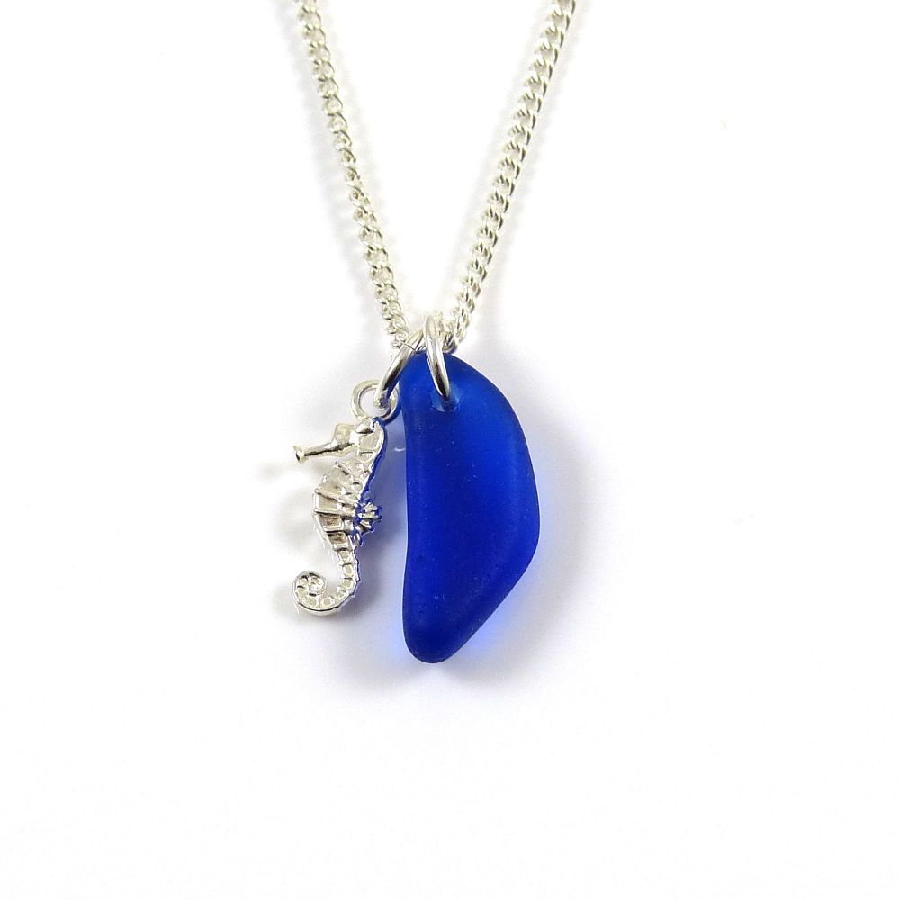 Cobalt Blue Sea Glass and Sterling Silver Seahorse Charm Necklace