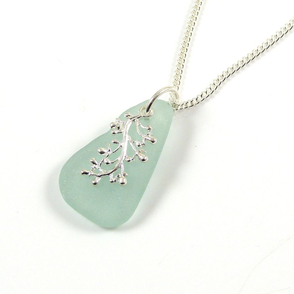 Pale Blue Sea Glass and Silver Coral Charm Necklace