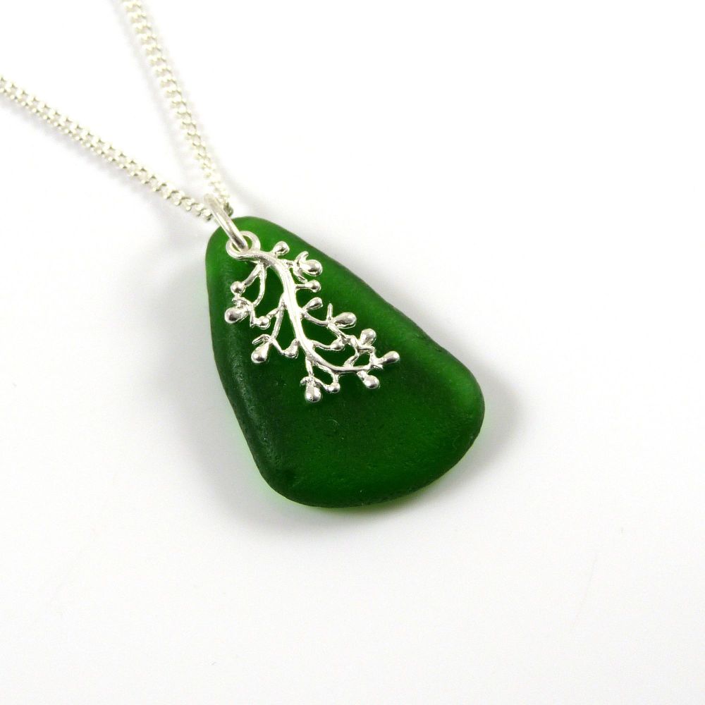 Deep Jade Green Sea Glass and Silver Coral Charm Necklace