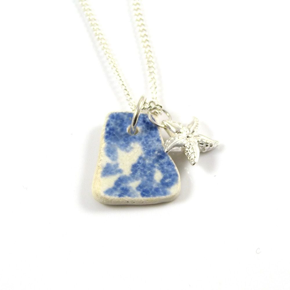 Blue and White Beach Pottery and Sterling Silver Starfish Charm Necklace 