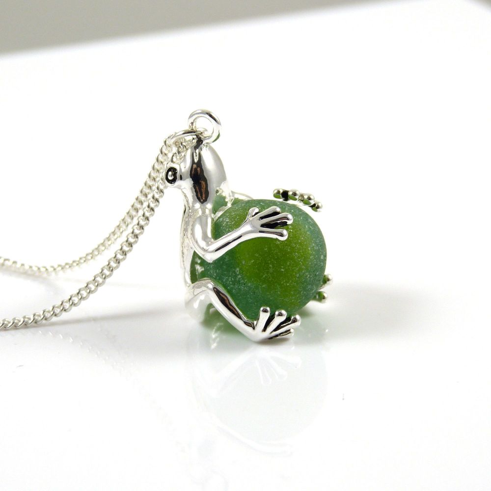 Frog with Jade Green Sea Glass Marble Locket 