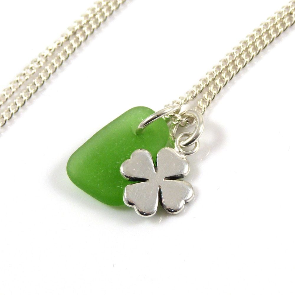 Emerald Green Sea Glass and Sterling Silver Four Leaf Clover Charm Necklace