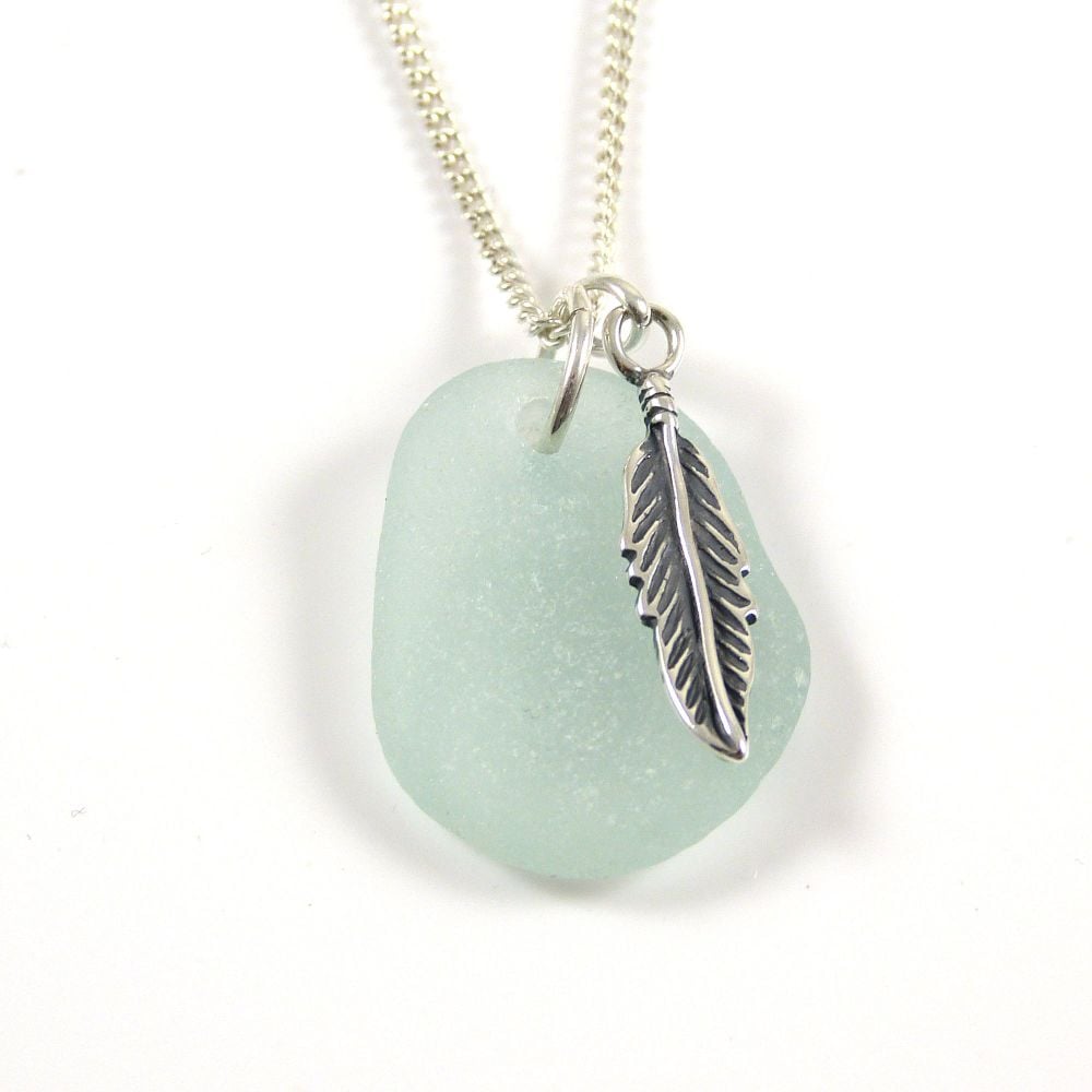 Seafoam Sea Glass and Sterling Silver Angel Feather Necklace