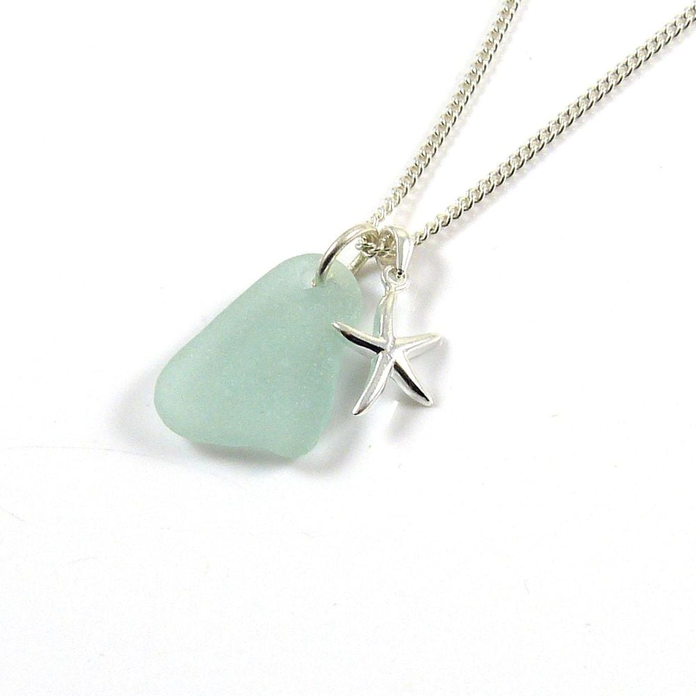 Deep Seafoam Sea Glass and Sterling Silver Starfish Necklace