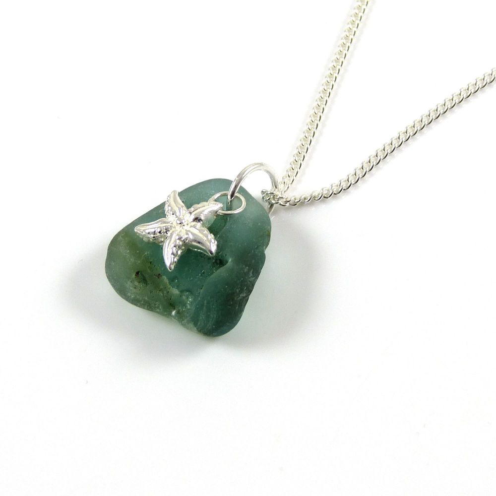 Jade Bonfire Sea Glass and Sterling Silver Starfish Necklace