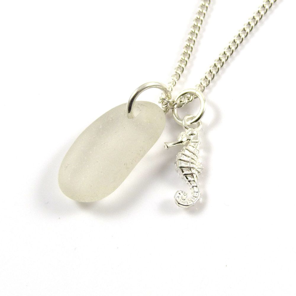 Snow white Sea Glass and Sterling Silver Seahorse Charm Necklace