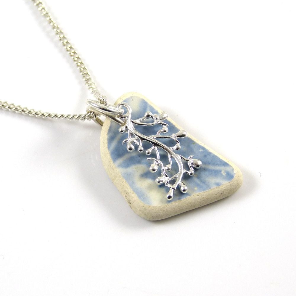 Blue and White Beach Pottery and Silver Coral Charm Necklace