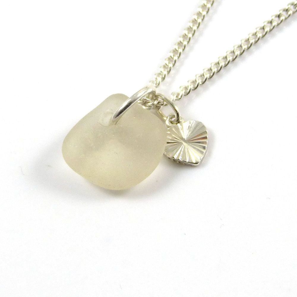 White Sea Glass and Sterling Silver Stripey Heart Necklace 