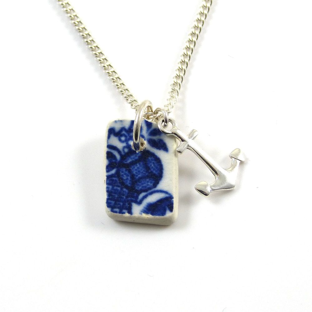 Tiny Blue and White Beach Pottery and Silver Anchor Charm Necklace
