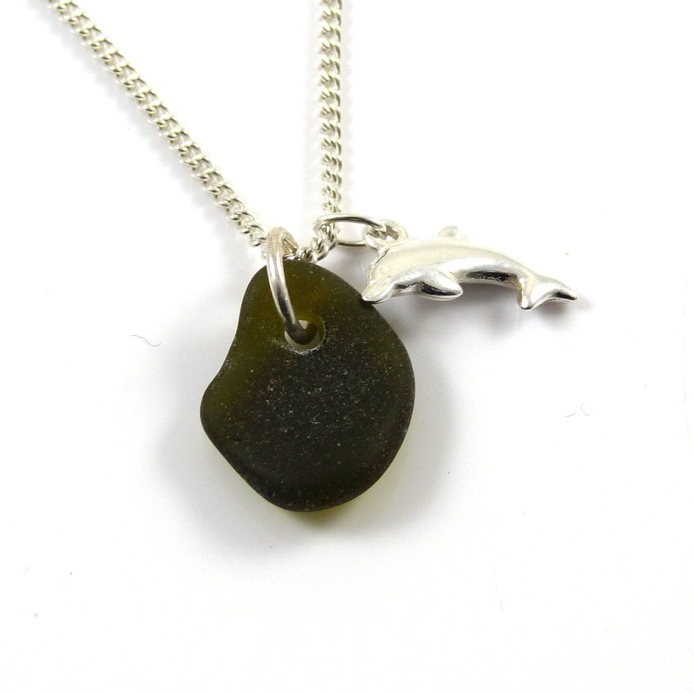 Rare Black Sea Glass and Sterling Silver Dolphin Necklace