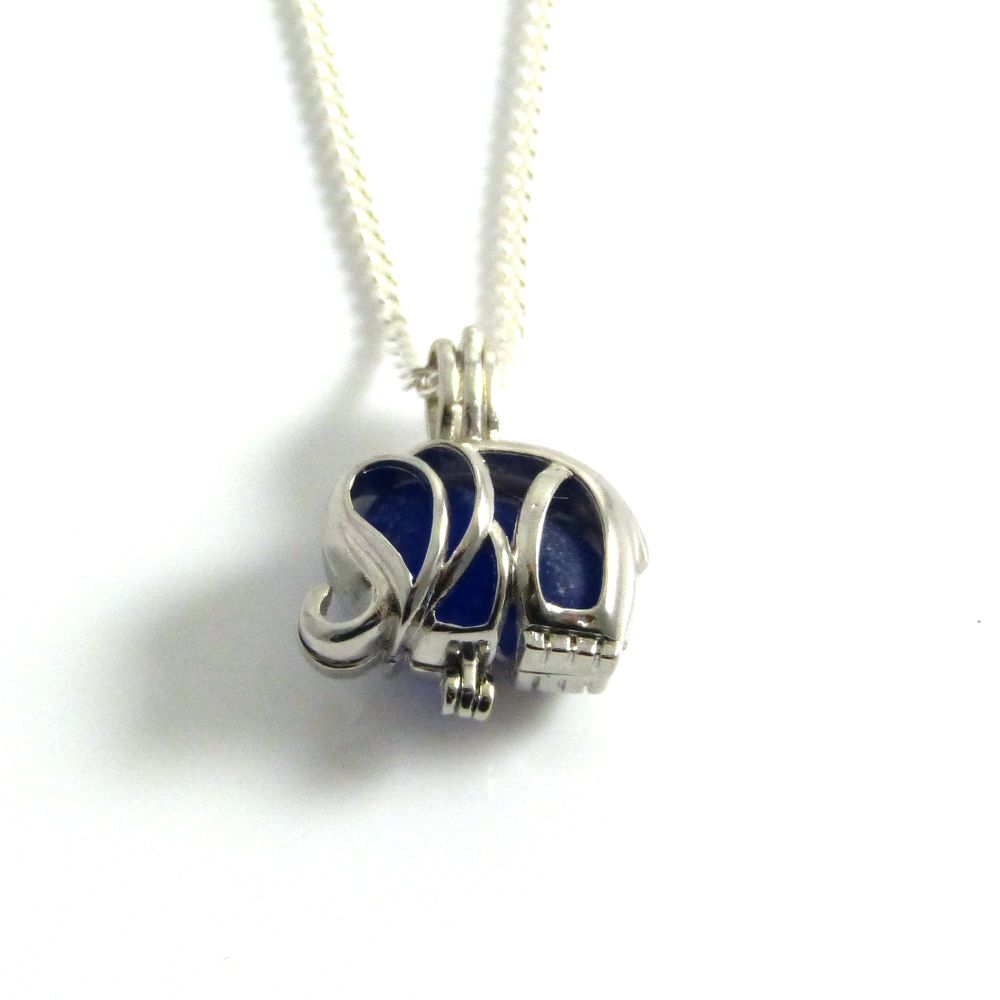 Tiny Cobalt Blue Sea Glass Elephant Locket Necklace