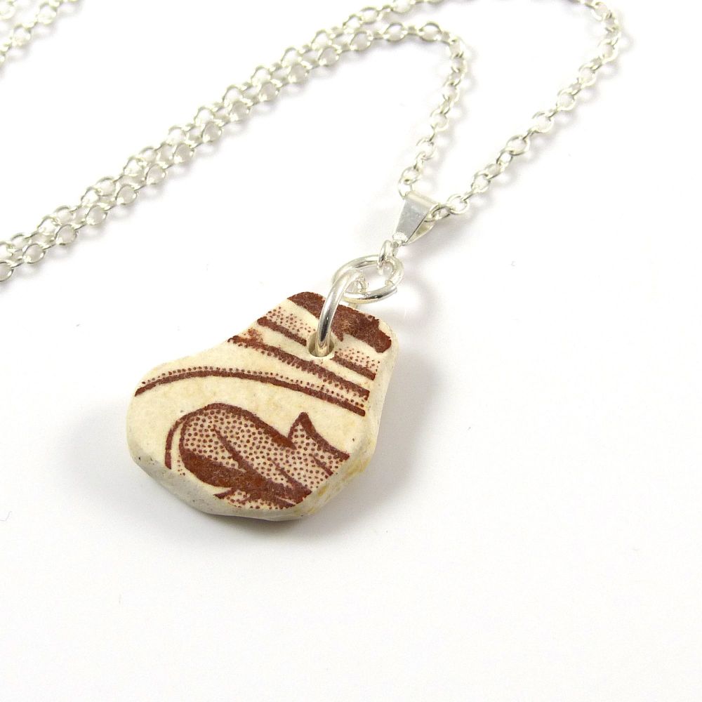 Brown and White Beach Pottery on Sterling Silver Necklace EMELE