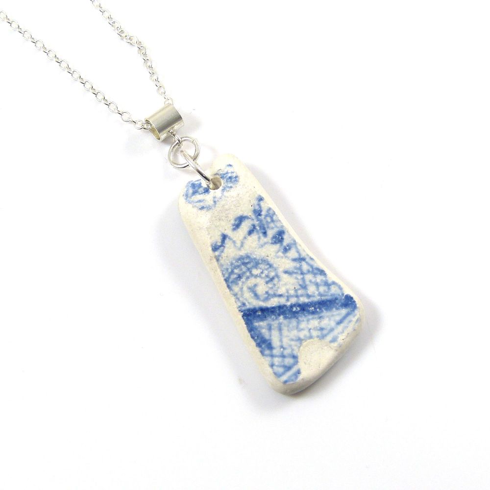 Blue and White Beach Pottery on Sterling Silver Necklace CORALIE