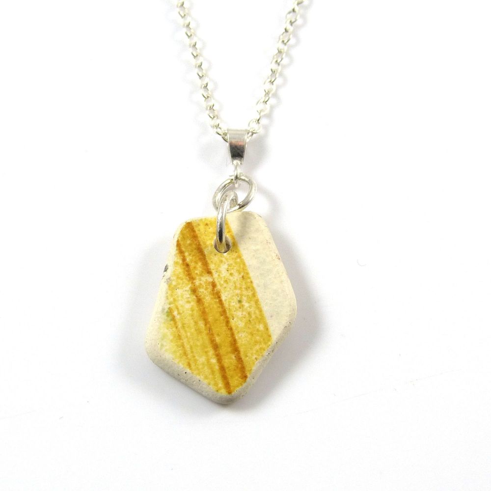 Yellow and White Beach Pottery on Sterling Silver Necklace AMIA