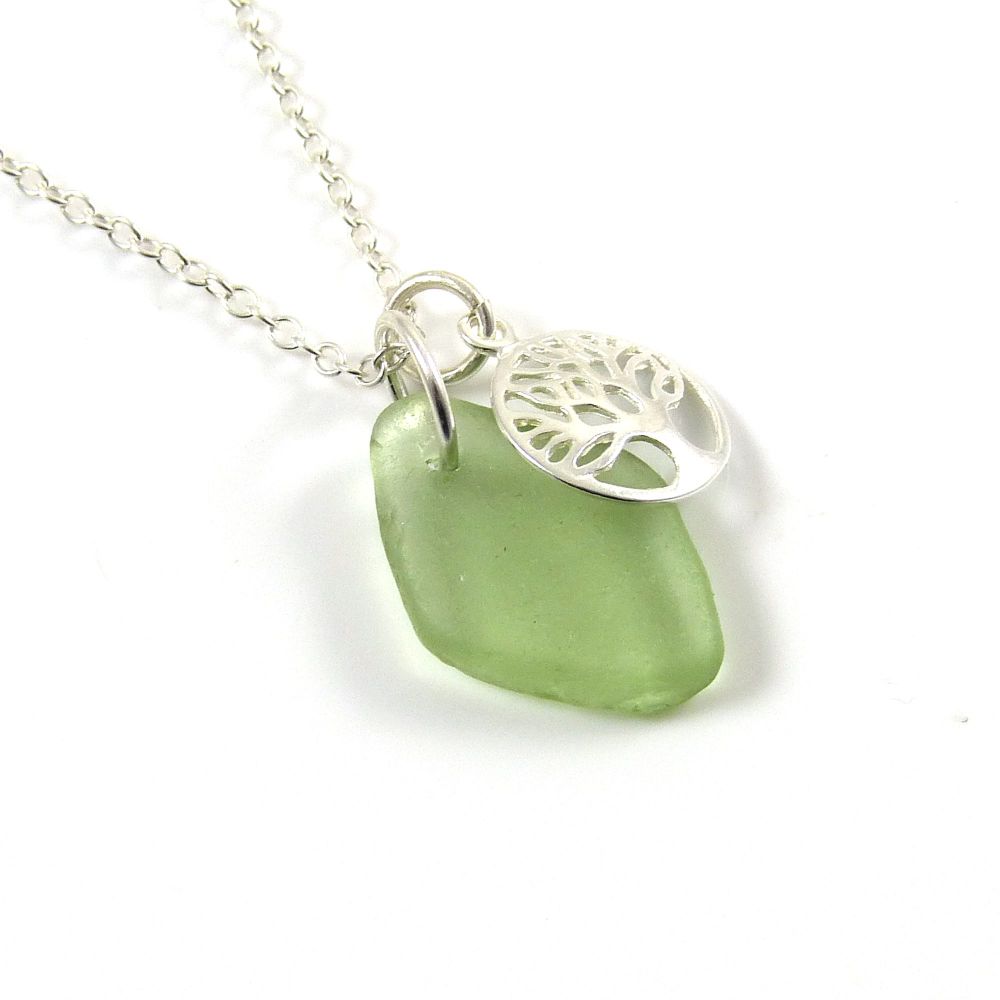 Cucumber Sea Glass and Sterling Silver Tree of Life Charm Cluster Necklace 