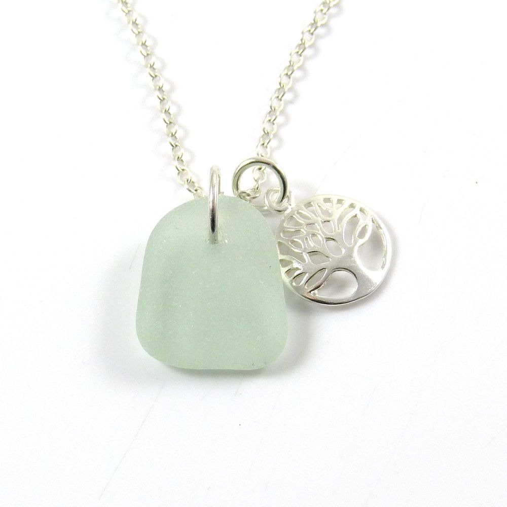 Seafoam Sea Glass and Sterling Silver Tree of Life Charm Cluster Necklace c